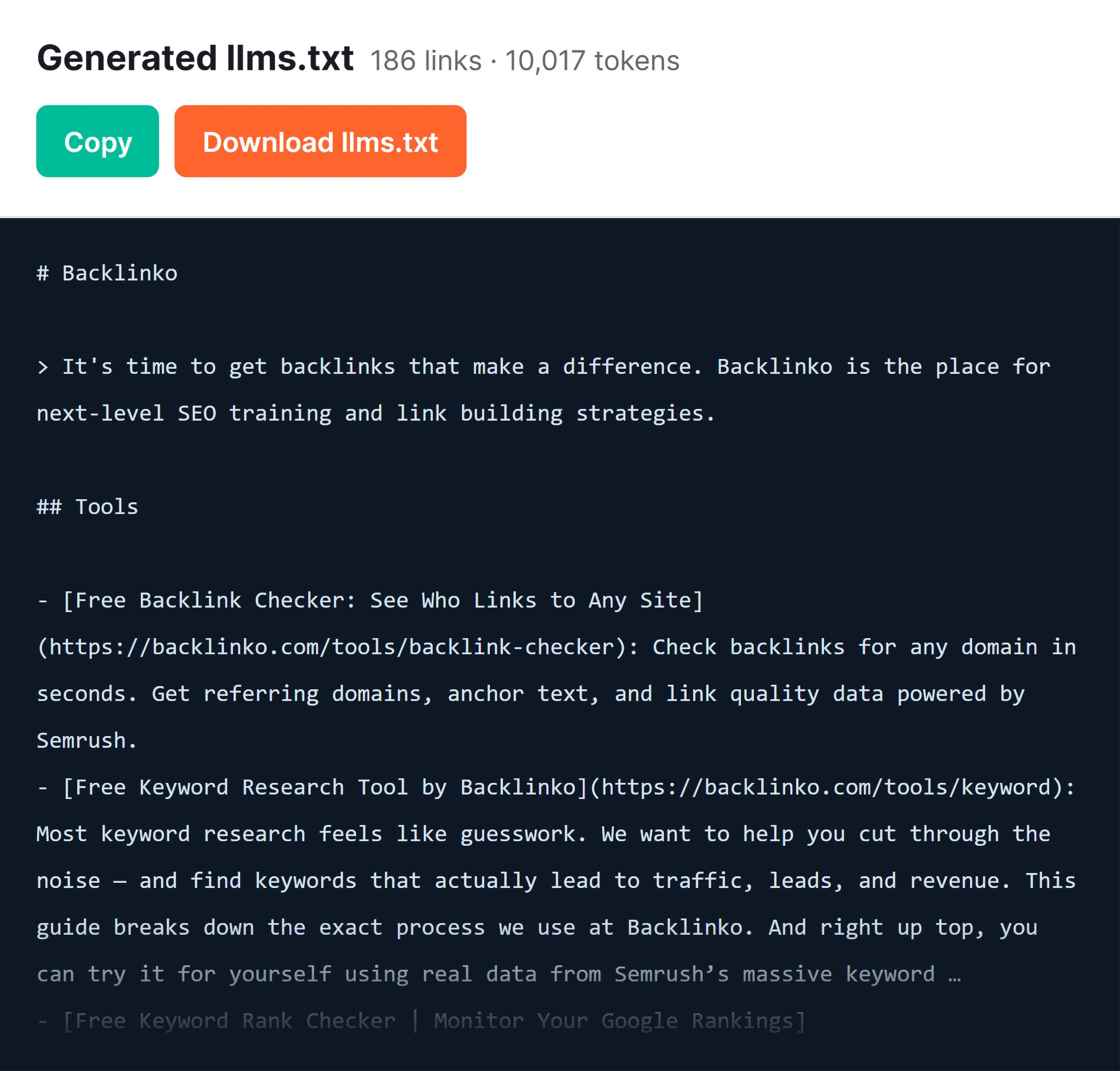 Report state showing the full URL list with sections, highlighting any gaps in crawled content.